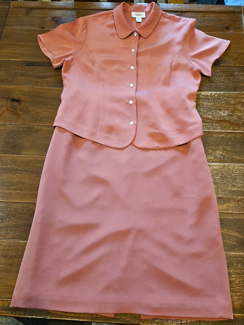 Talbots Vintage 100% Silk Rose Pink Short-Sleeve Button Front Skirt Set, Size 10